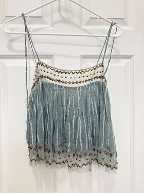 Free People Beaded Spaghetti-Strap Camisole in Dusty Blue and White